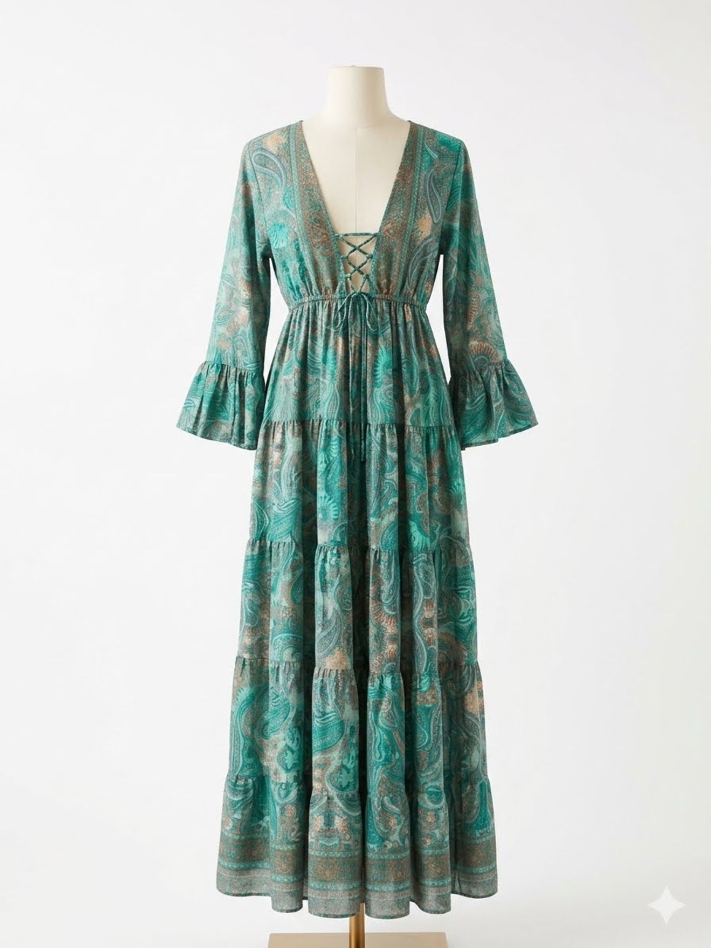 Bohemian Teal Paisley Lace-Up Tiered Maxi Dress, Size S